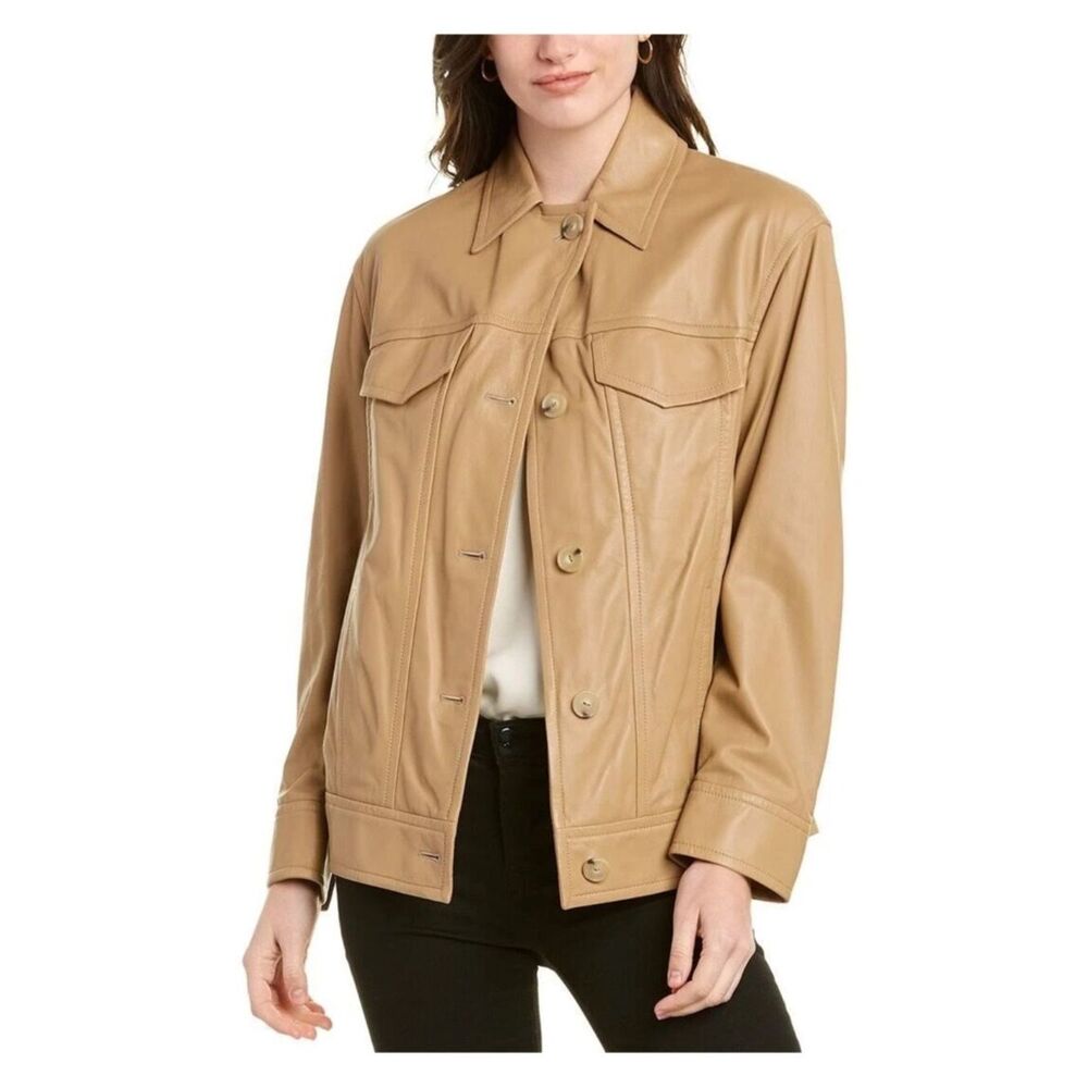 Vince Washed Leather Trucker Jacket in Tan $1195 Women’s Size LRG Lamb Leather